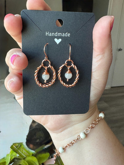 Moonstone Copper Textured Hoop Earrings