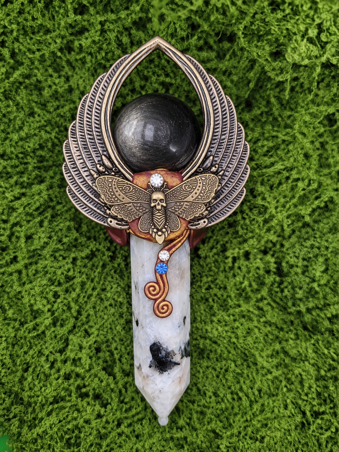 Moonstone and Silver Sheen Obsidian Wand