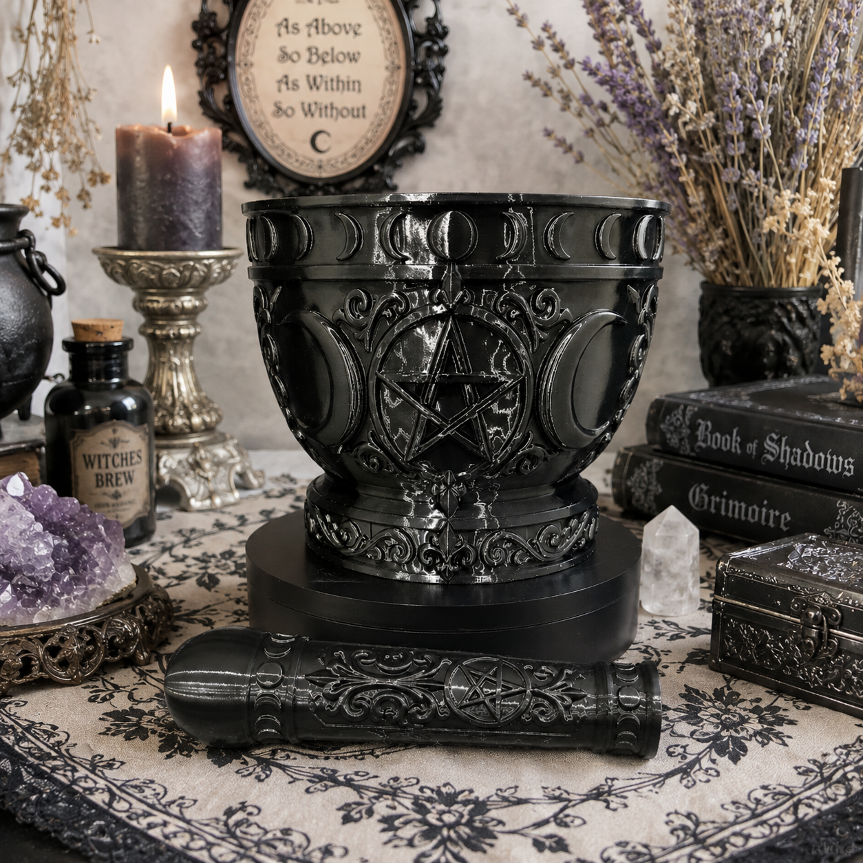 Gothic Triple Moon Mortar &amp; Pestle – 3D Printed Altar &amp; Apothecary Decor