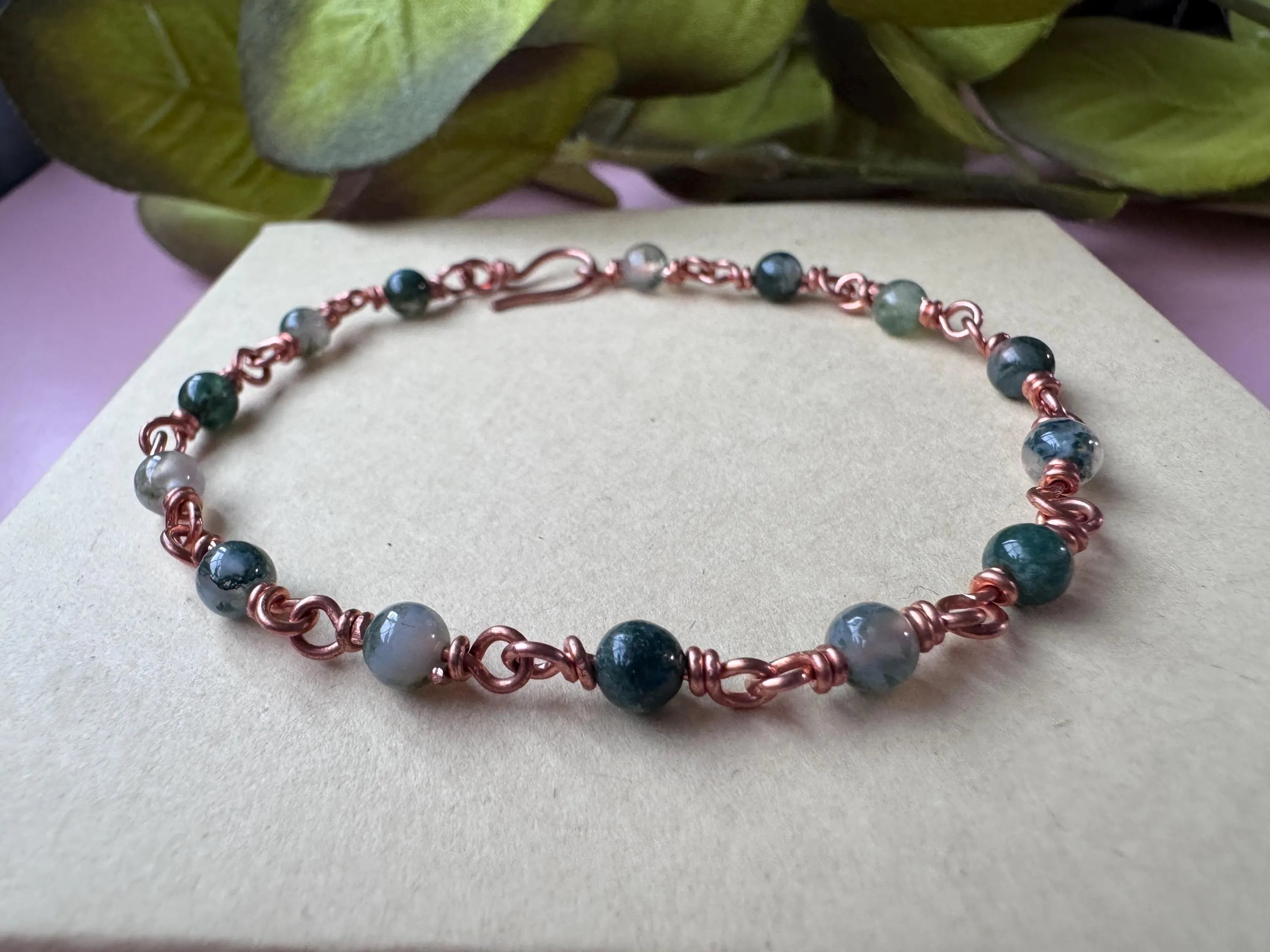 Handmade Copper Bracelet with Moss Agate Gemstones