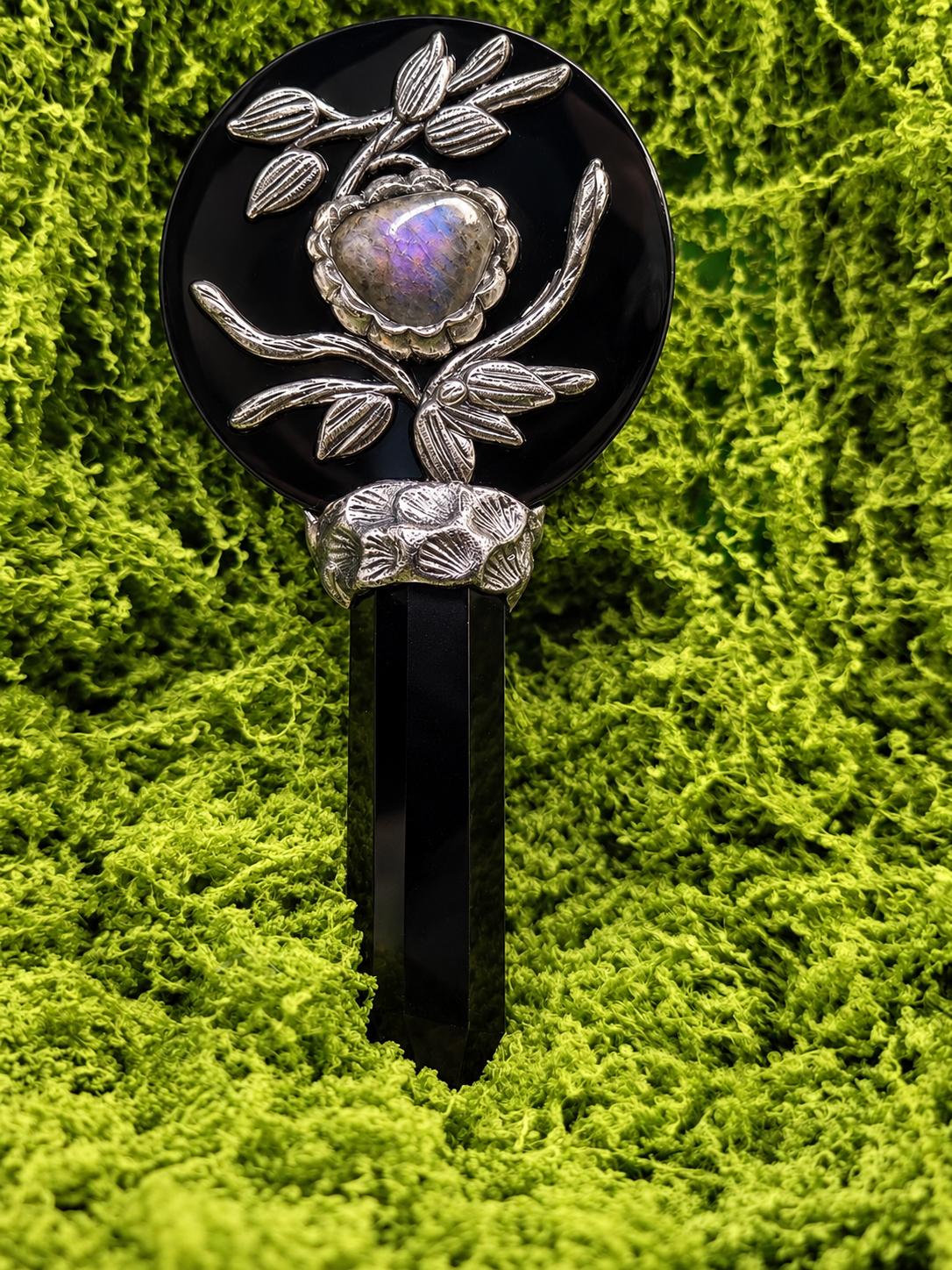 Obsidian &amp; Labradorite Scrying Hand Mirror – Ritual Divination Mirror