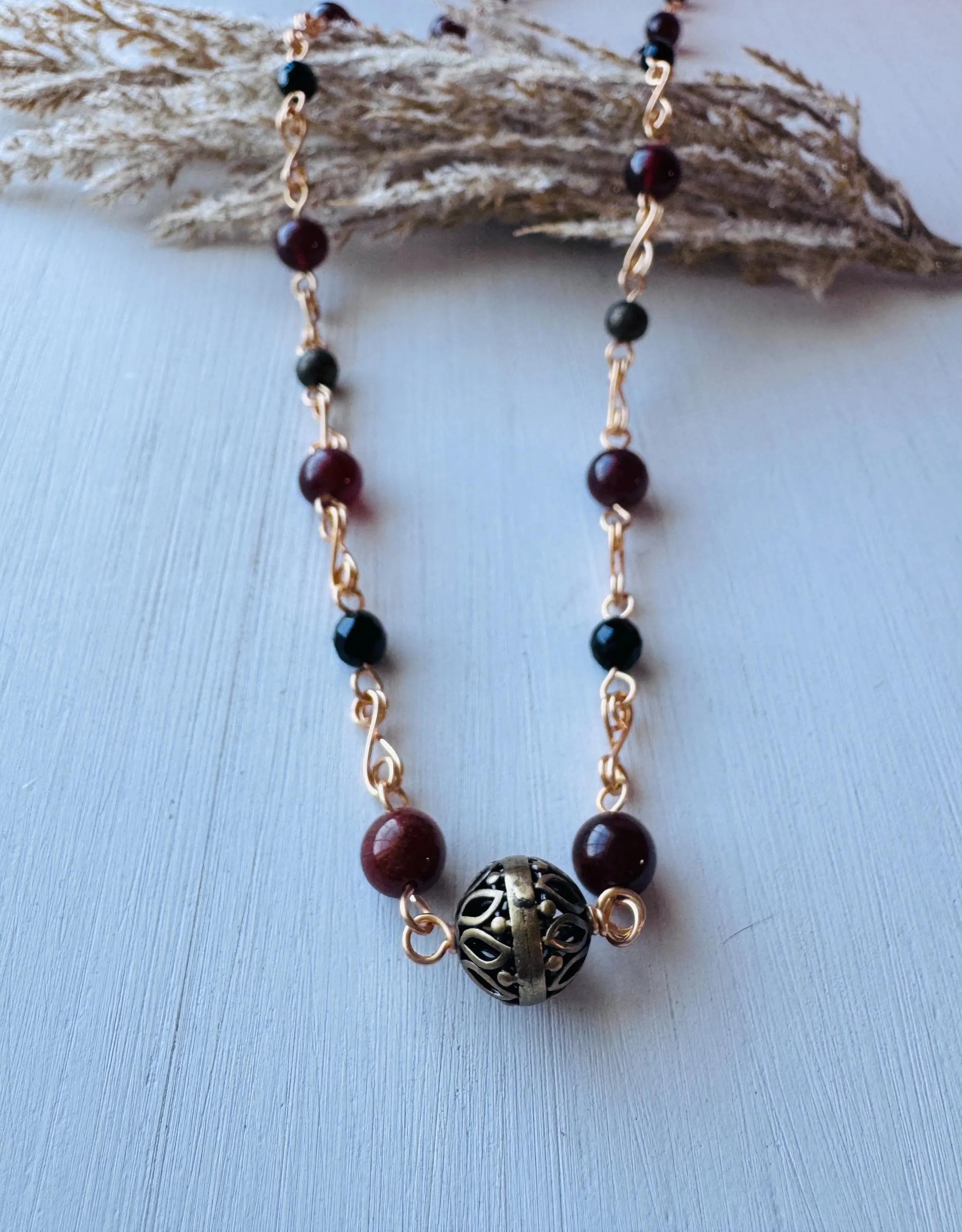Orange Garnet and Black Onyx Gold Necklace