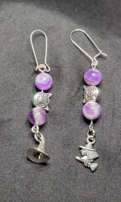 Amethyst Earrings with Cat, Witch, and Hat