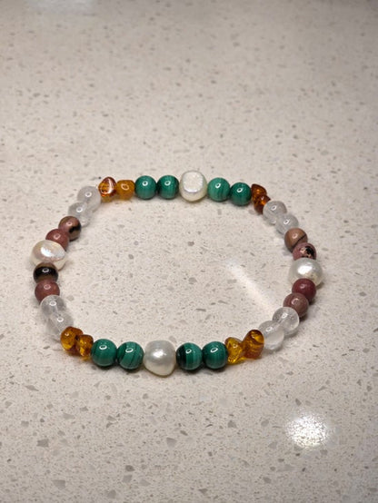 Amber/ Clear Quartz/ Malachite/ Pearl/ Rhodonite