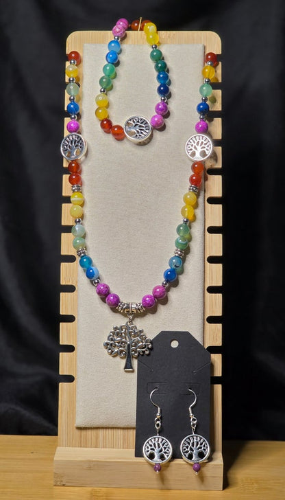 Tree of Life Necklace, Bracelet, and Earring Set with Agate, Calcite, and Carnelian