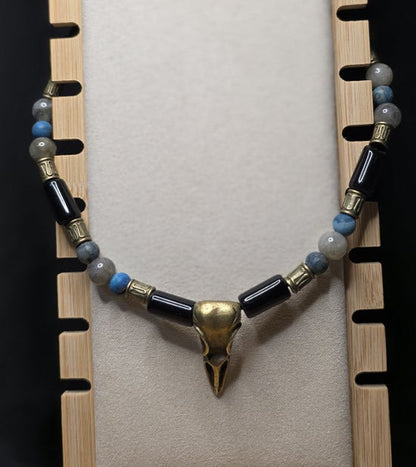 Antiqued Crow skull with Black Obsidian, Labradorite, and Larimar Blue Crazy Lace Agate on Leather Cord