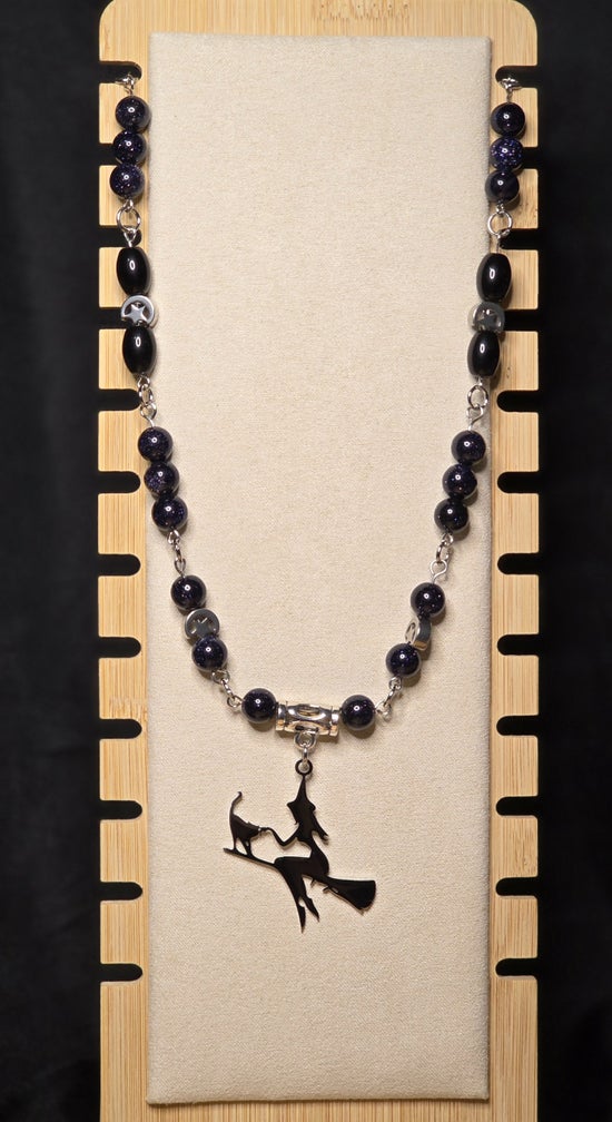 Witch on a Broom Necklace with Black Obsidian and Blue Goldstone