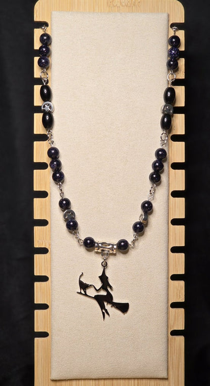 Witch on a Broom Necklace with Black Obsidian and Blue Goldstone