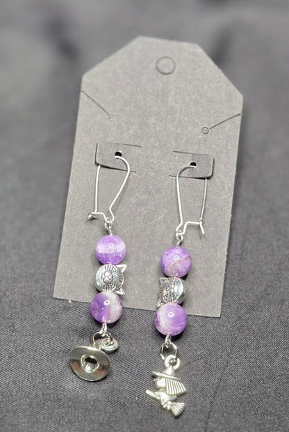 Amethyst Earrings with Cat, Witch, and Hat