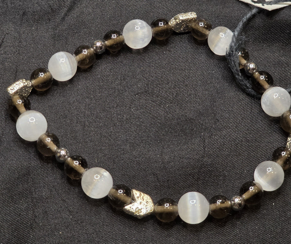Hematite, Selenite, and Smokey Quartz Bracelet
