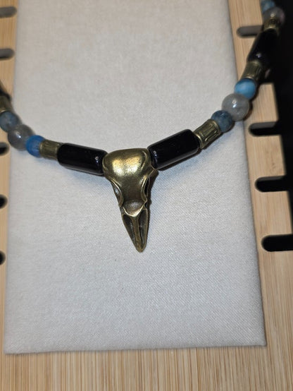 Antiqued Crow skull with Black Obsidian, Labradorite, and Larimar Blue Crazy Lace Agate on Leather Cord