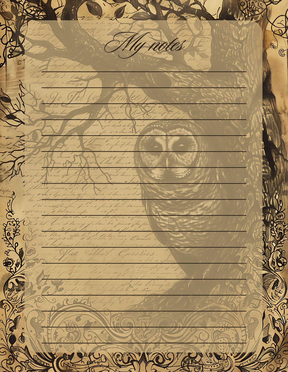 Notebook page with owl illustration and decorative border