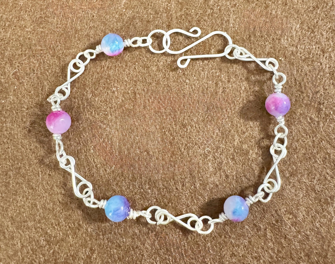 Handmade Silver Wire Wrapped Agate Bracelet, Pink &amp; Purple Gemstones