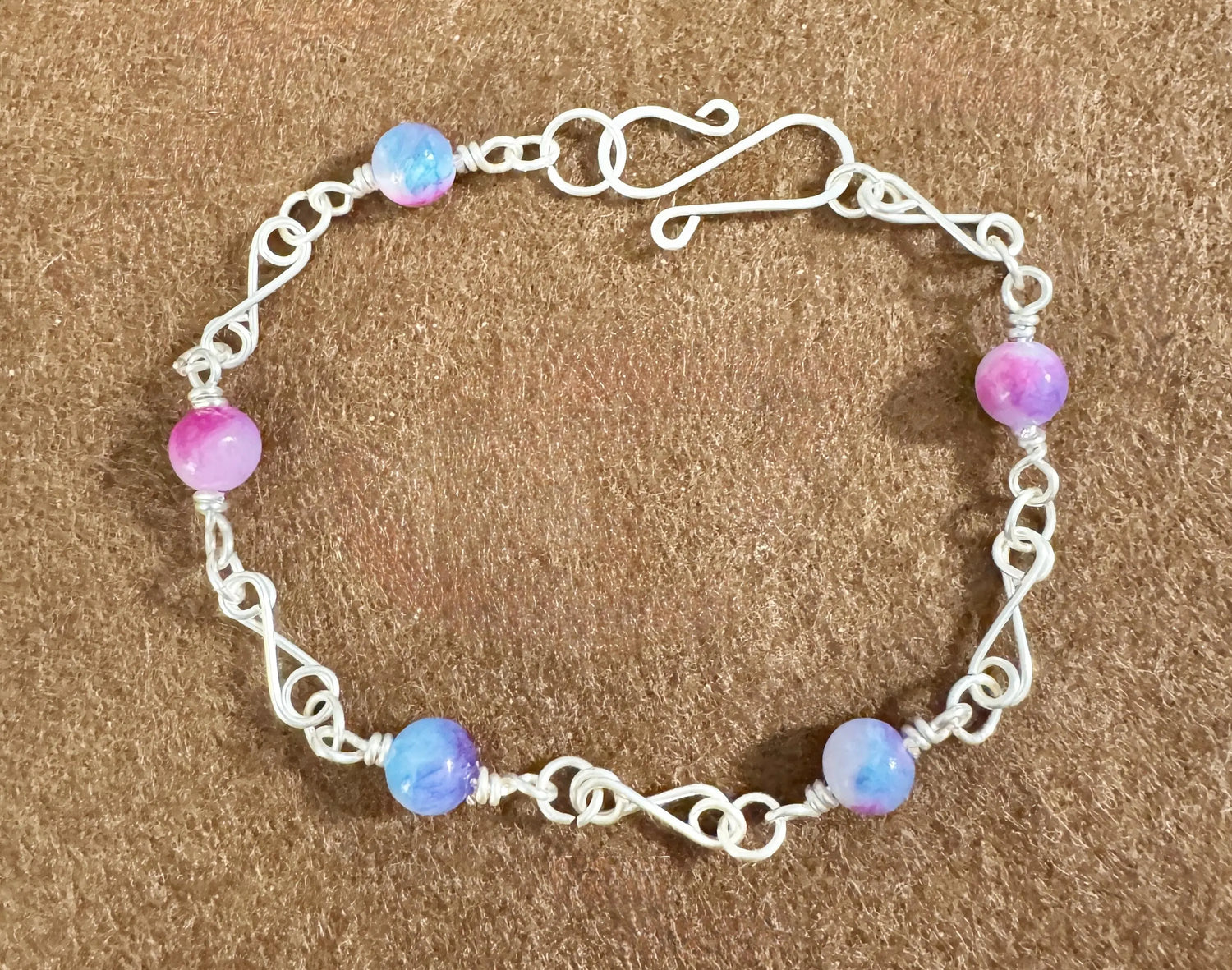 Handmade Silver Wire Wrapped Agate Bracelet, Pink &amp; Purple Gemstones