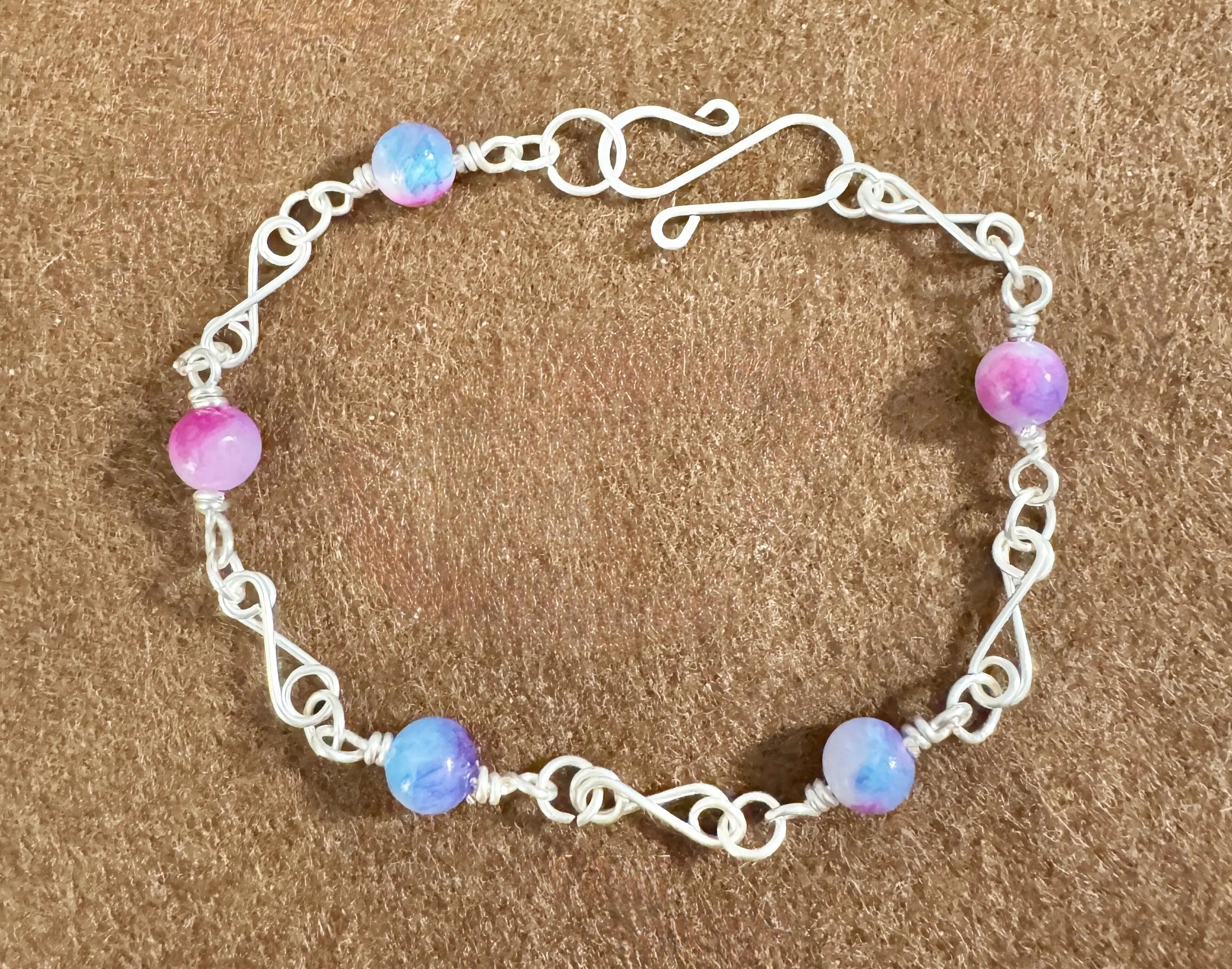 Handmade Silver Wire Wrapped Agate Bracelet, Pink &amp; Purple Gemstones