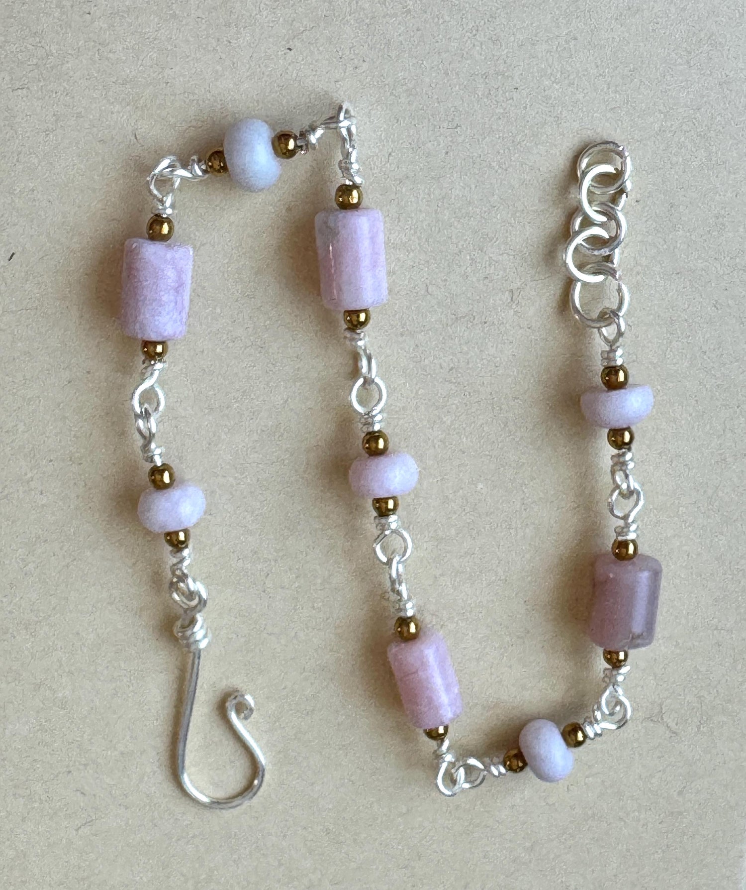 Handmade Pink Opal Bracelet with gold accents
