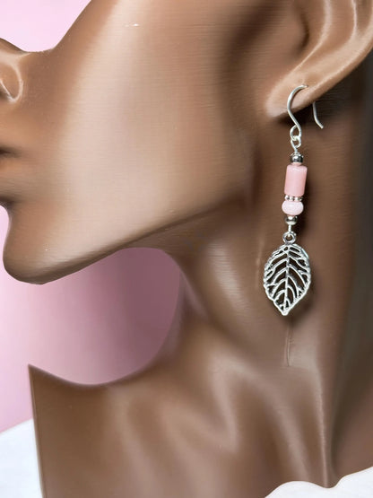 Pink Opal Earrings with Silver Leaf Charms