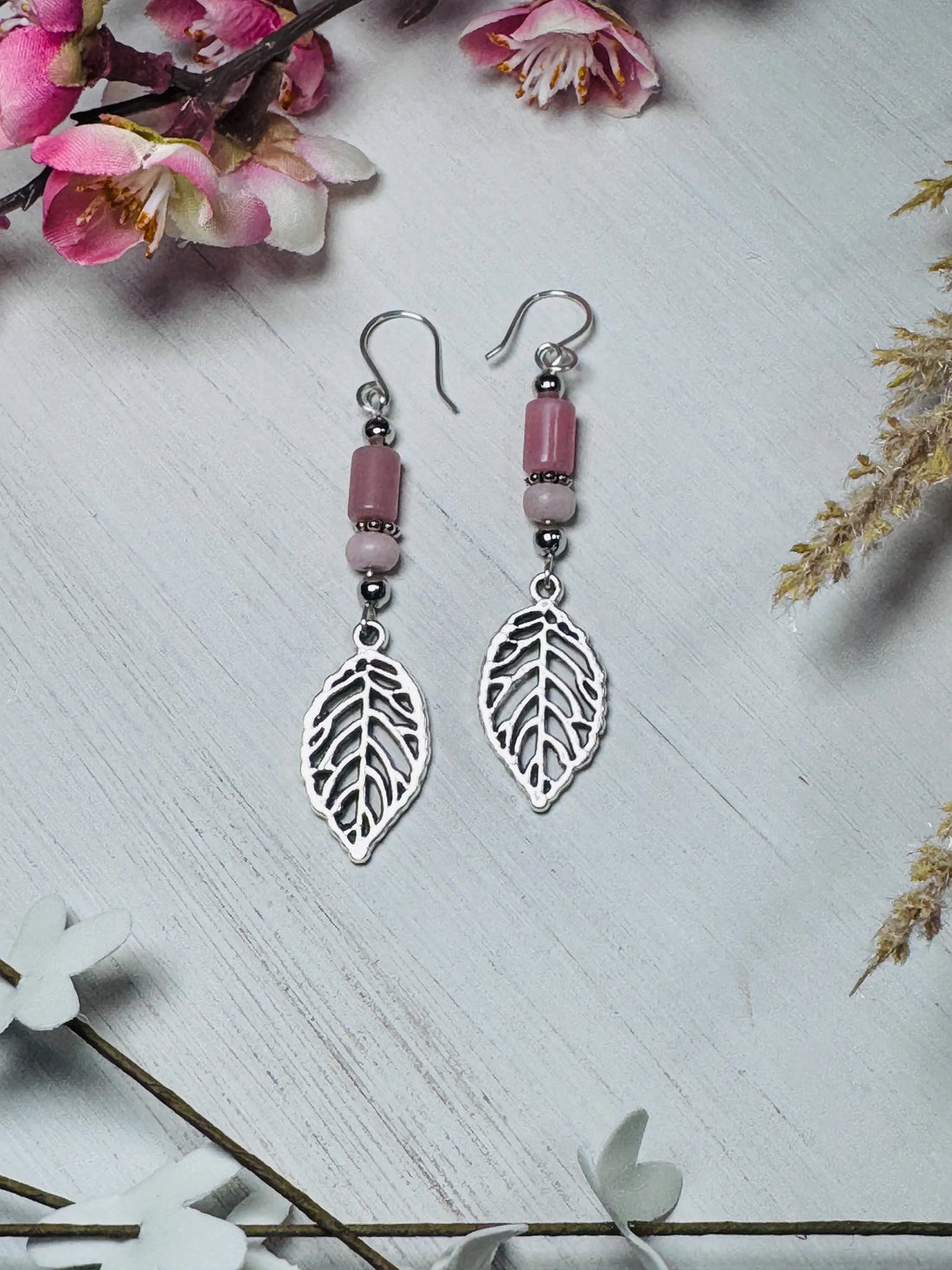 Pink Opal Earrings with Silver Leaf Charms