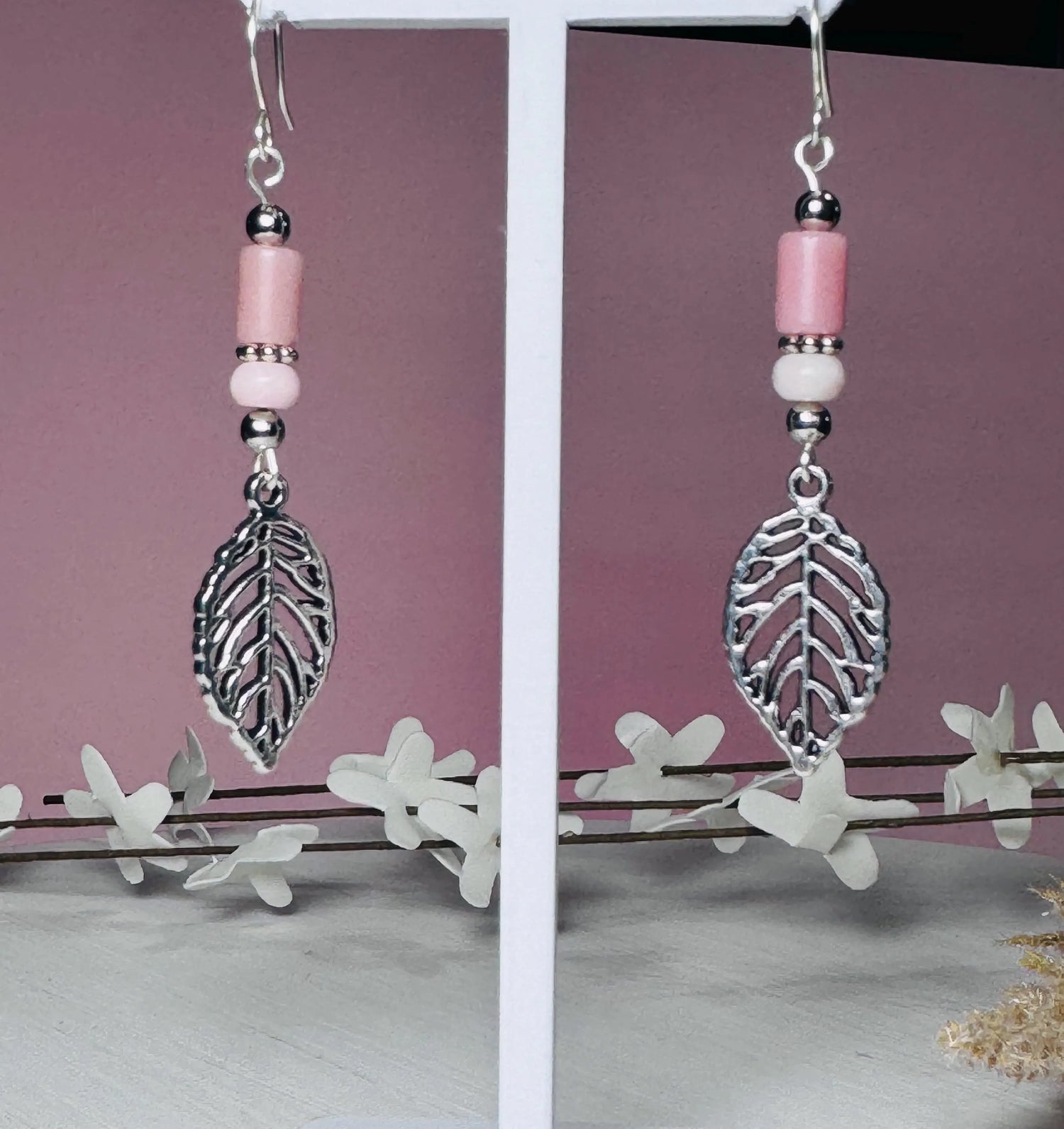 Pink Opal Earrings with Silver Leaf Charms
