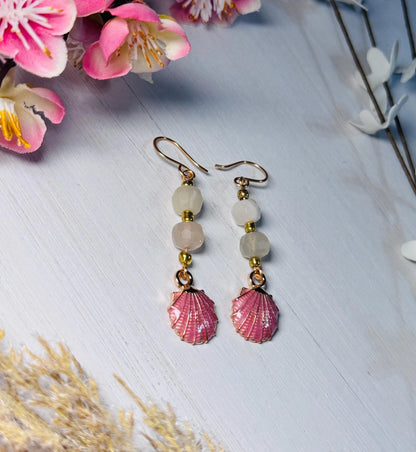 Handmade Moonstone &amp; Pink Seashell Earrings – Beachy Boho Dangles