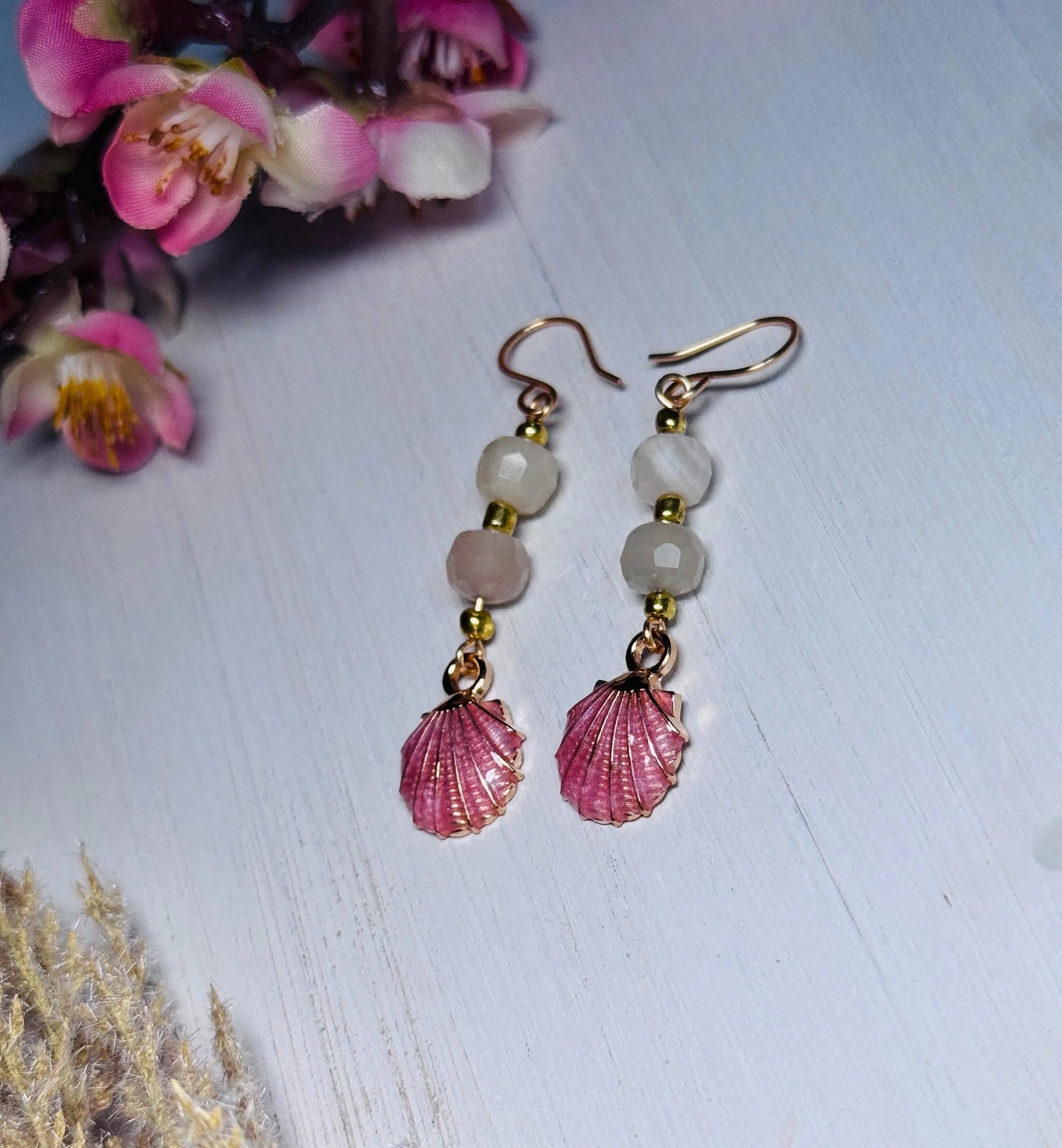 Handmade Moonstone &amp; Pink Seashell Earrings – Beachy Boho Dangles