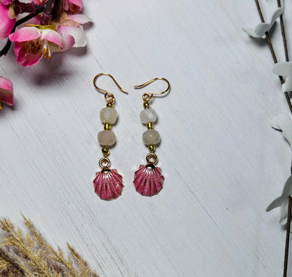 Handmade Moonstone &amp; Pink Seashell Earrings – Beachy Boho Dangles