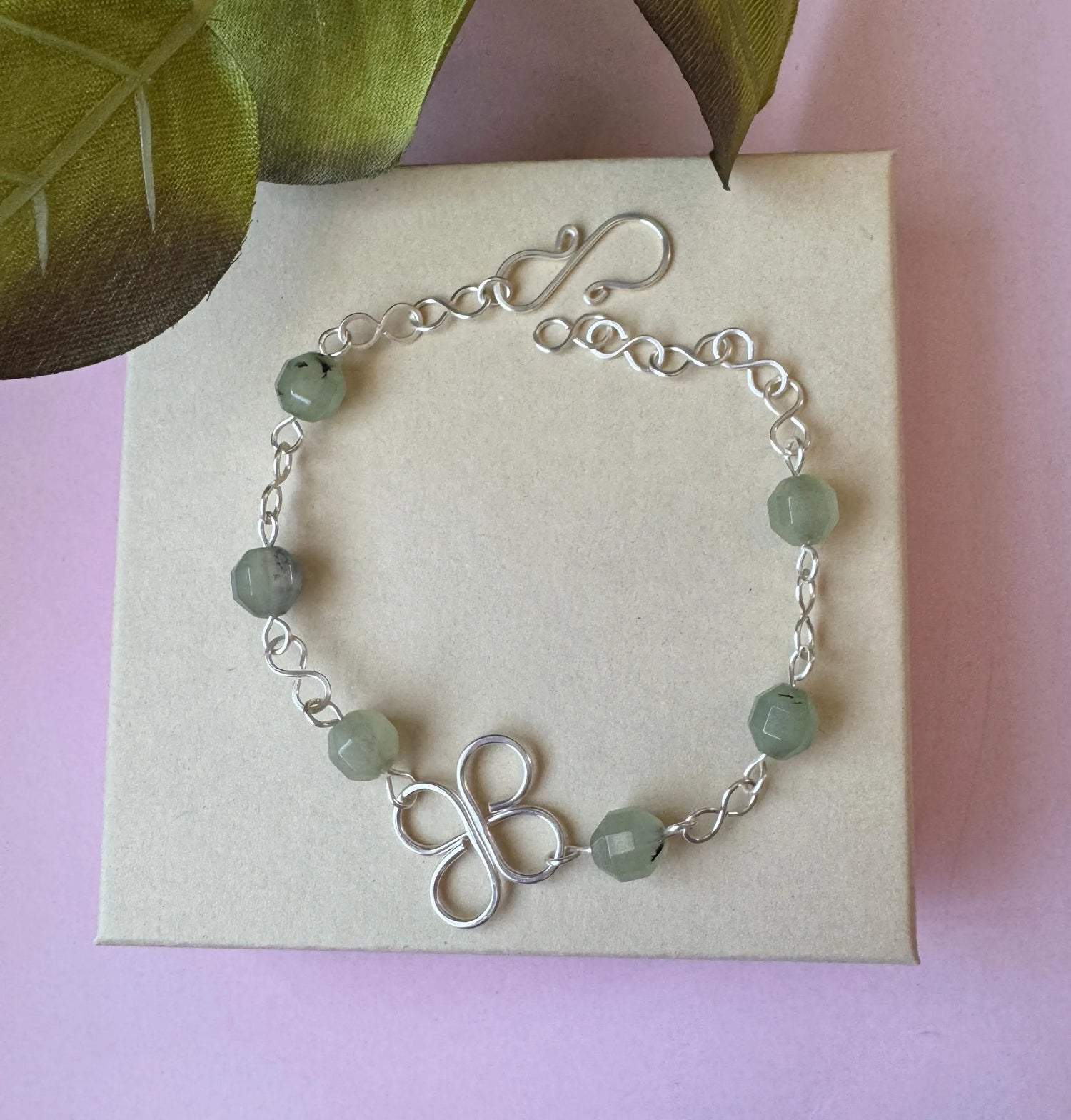 Handmade Silver Wire Wrapped Prehnite Bracelet, Clover Flower Design