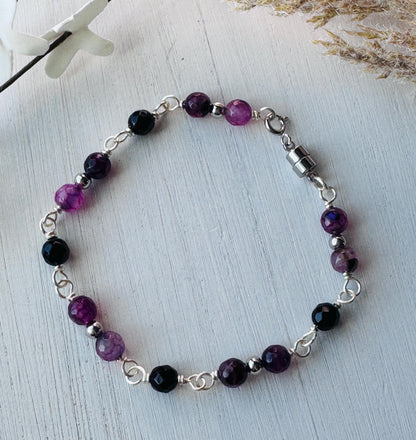 Silver Wire Wrapped Gemstone Bracelet with Purple Agate and Black Onyx