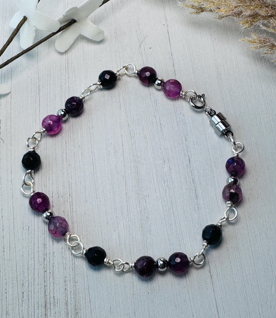 Silver Wire Wrapped Gemstone Bracelet with Purple Agate and Black Onyx