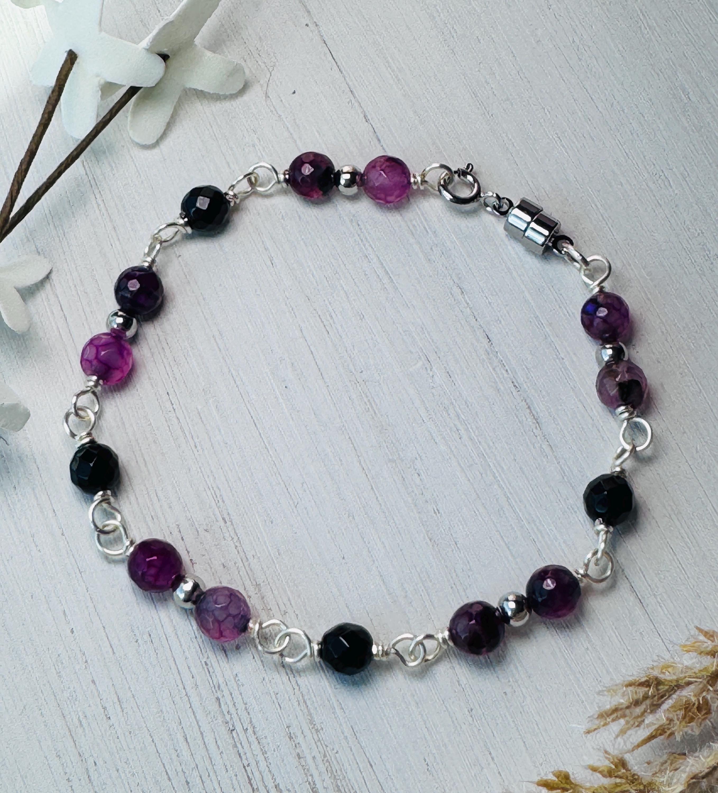 Silver Wire Wrapped Gemstone Bracelet with Purple Agate and Black Onyx