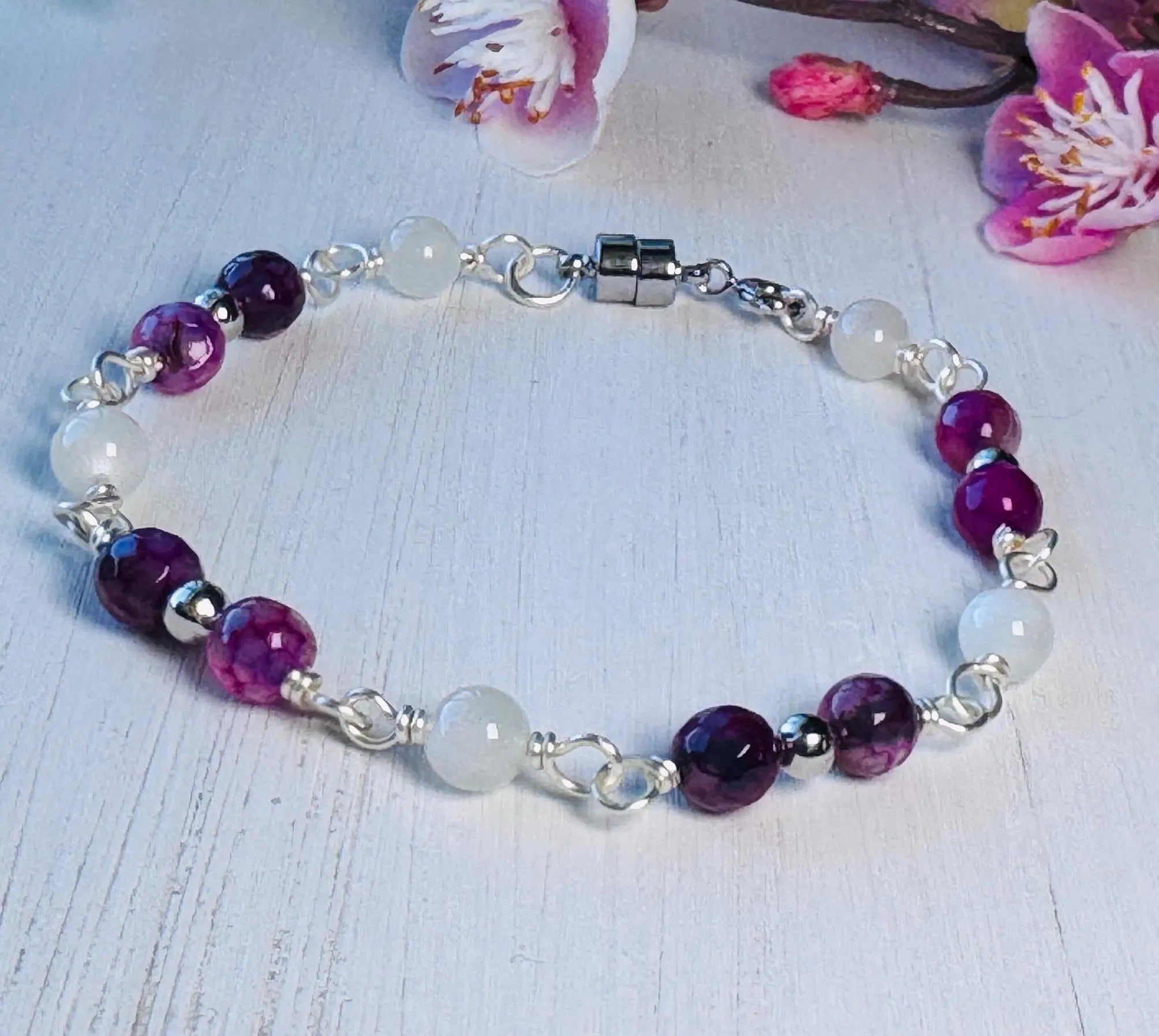 Handmade Silver Wire Wrapped Gemstone Bracelet with Purple Agate and Moonstone crystals