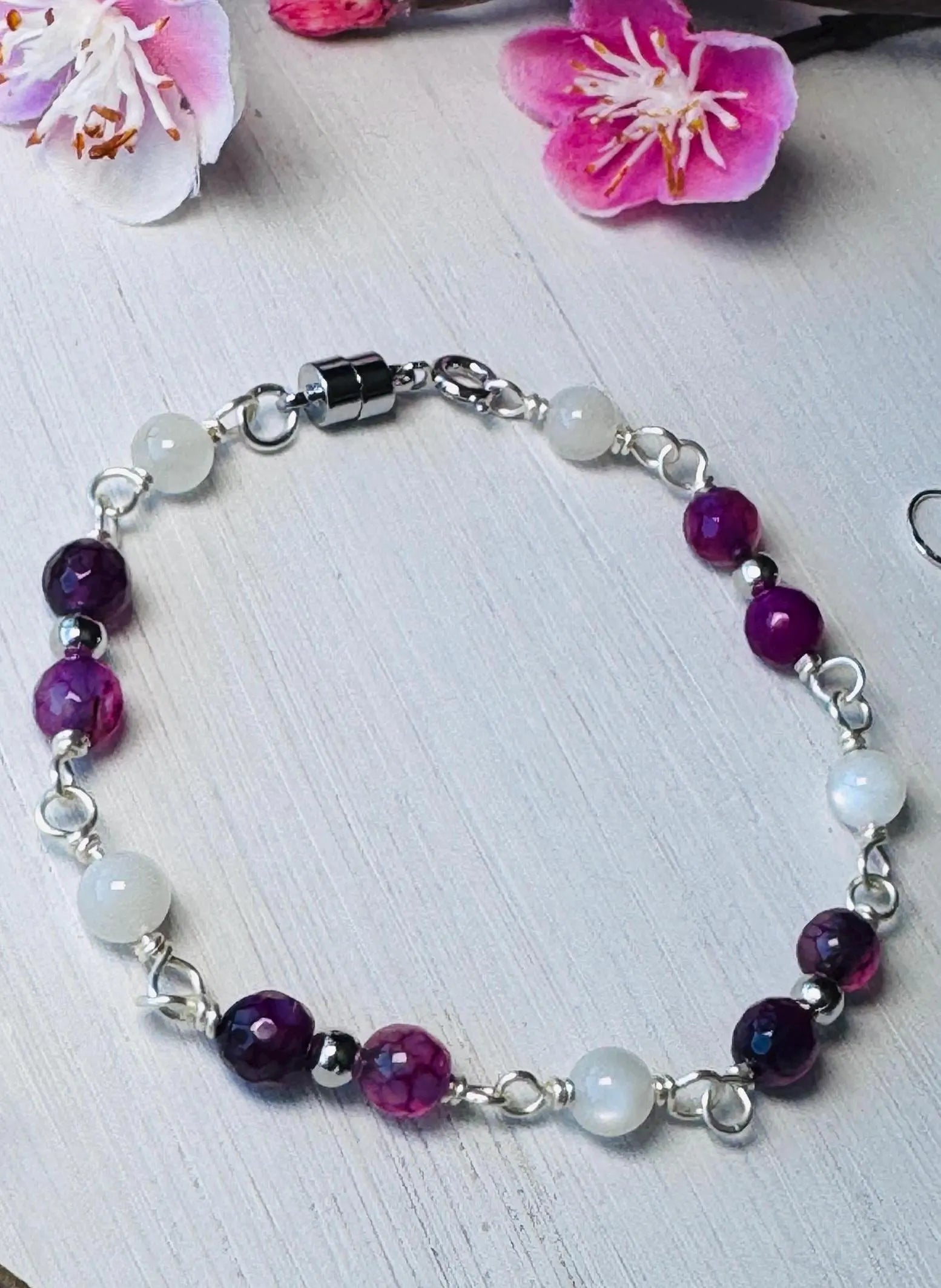 Handmade Silver Wire Wrapped Gemstone Bracelet with Purple Agate and Moonstone crystals