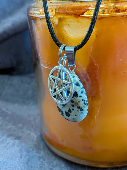 Dalmatian Jasper Pendant Necklace - Protection, Grounding, Joy- with Pentacle Charm