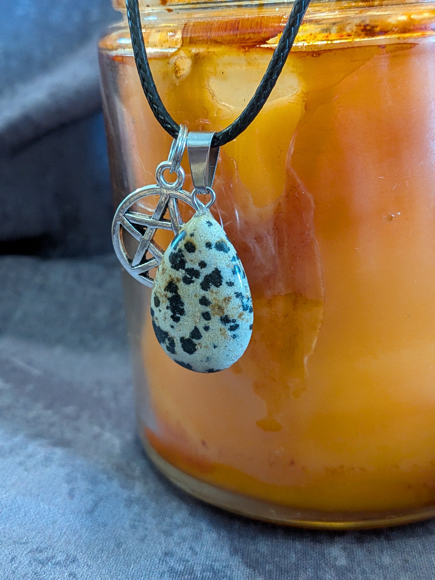 Dalmatian Jasper Pendant Necklace - Protection, Grounding, Joy- with Pentacle Charm