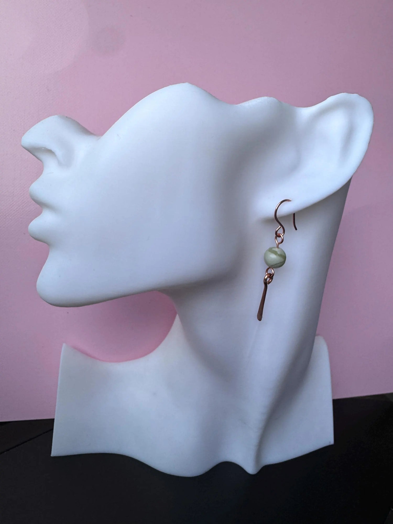Handmade Copper Wire Wrapped Earrings with Natural Qinghua Jade Gemstones.
