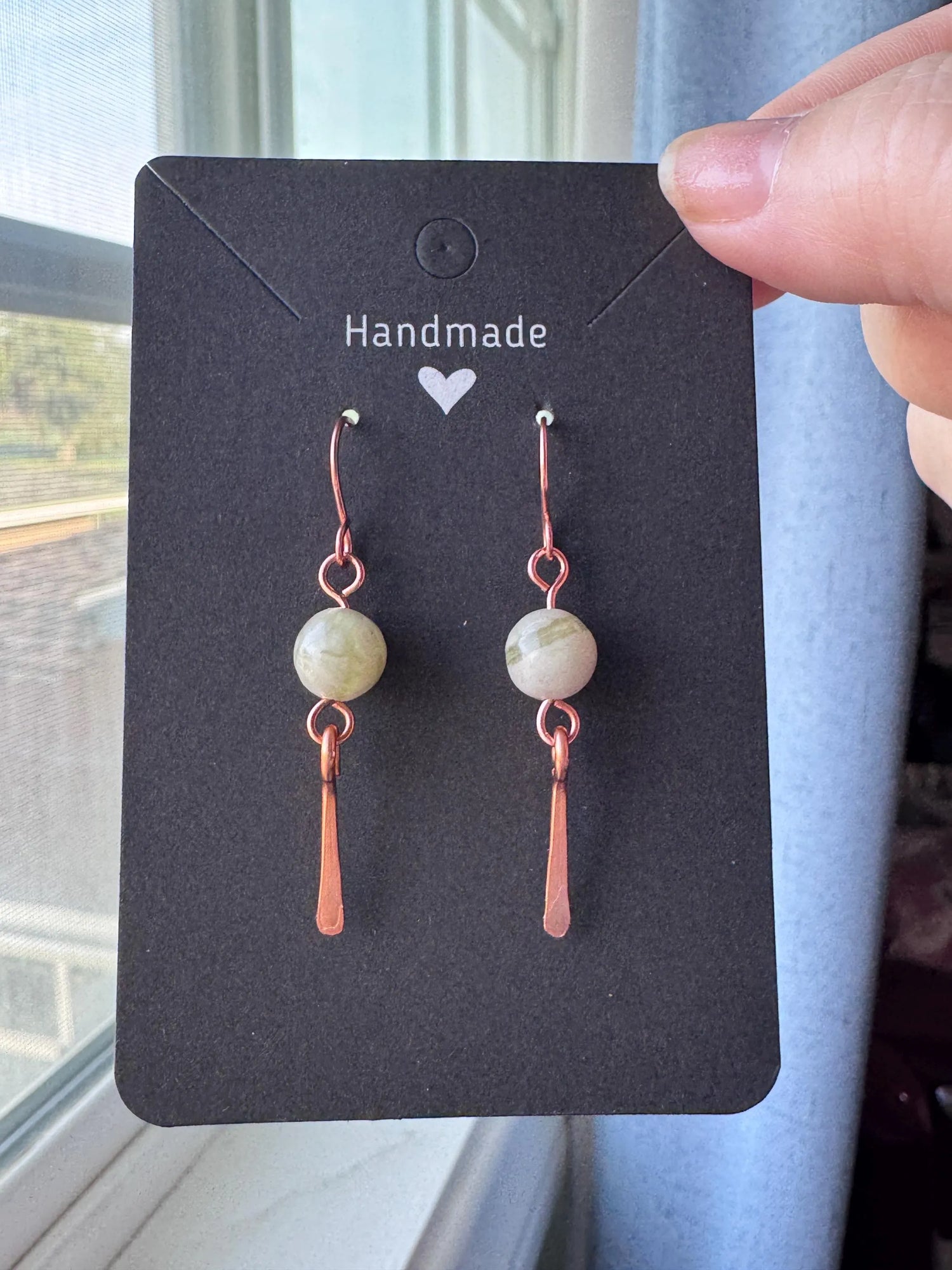 Handmade Copper Wire Wrapped Earrings with Natural Qinghua Jade Gemstones.