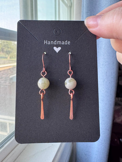 Handmade Copper Wire Wrapped Earrings with Natural Qinghua Jade Gemstones.