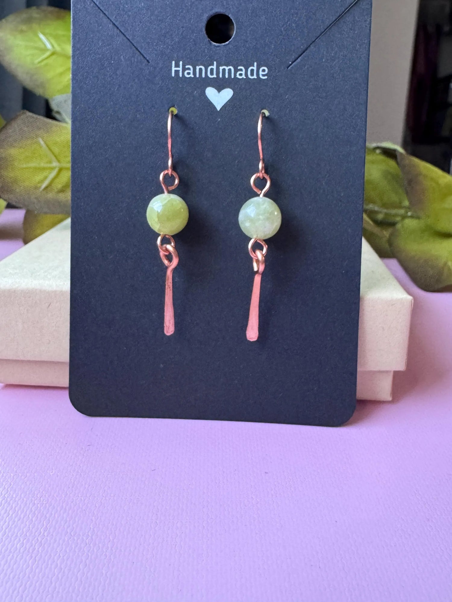Handmade Copper Wire Wrapped Earrings with Natural Qinghua Jade Gemstones.