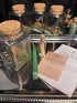 A styled tabletop arrangement of clear glass jars with cork stoppers containing dried herbs, a small vial with matches, a green glass tube, and printed cards on a reflective silver tray.