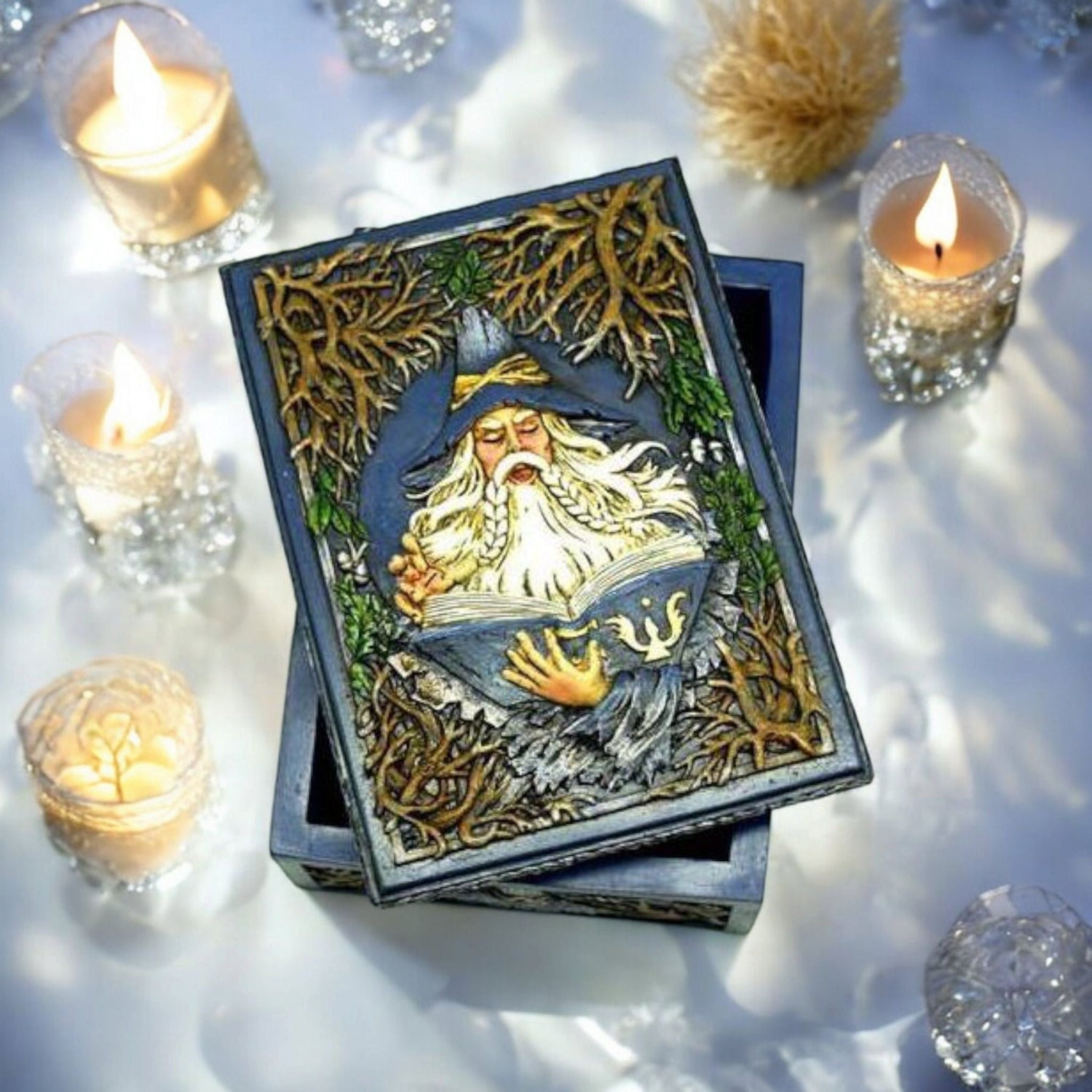 Wizard Tarot Box – Hand-Painted Resin Storage for Tarot Cards, Runes &amp; Keepsakes