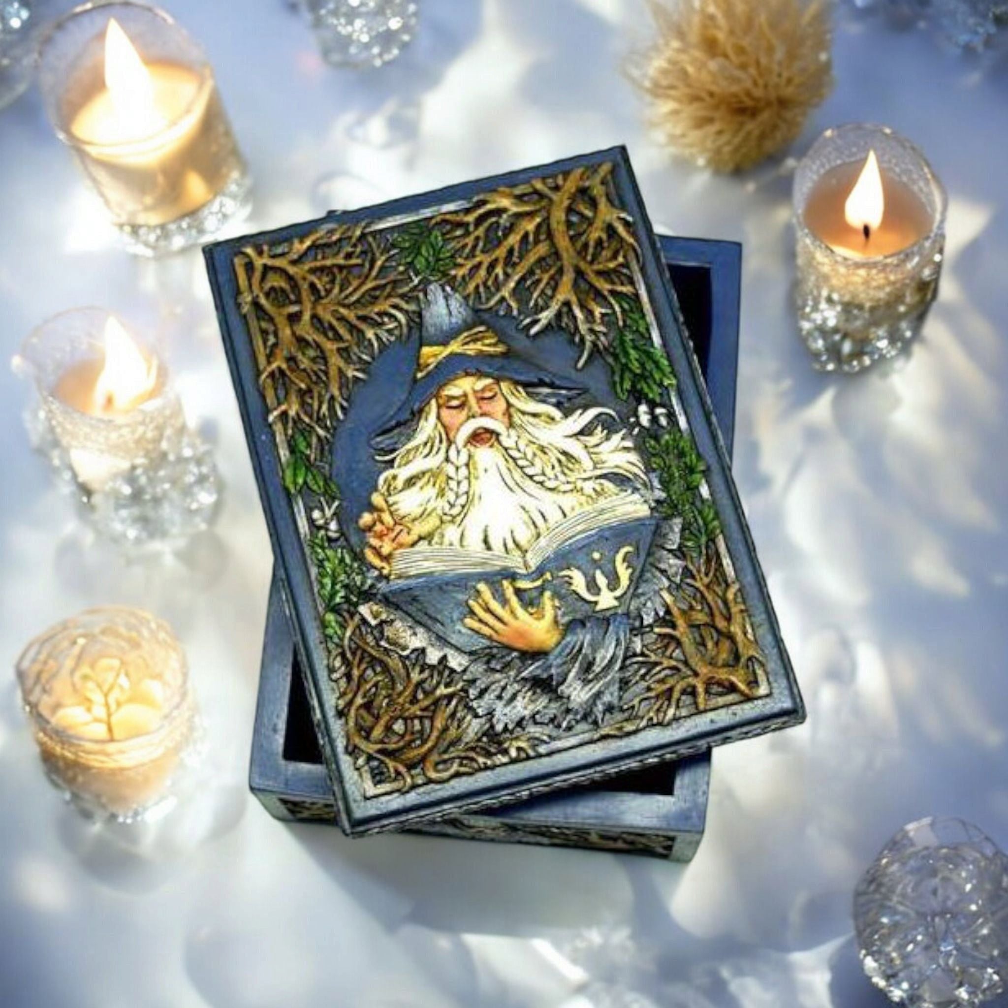 Wizard Tarot Box – Hand-Painted Resin Storage for Tarot Cards, Runes &amp; Keepsakes