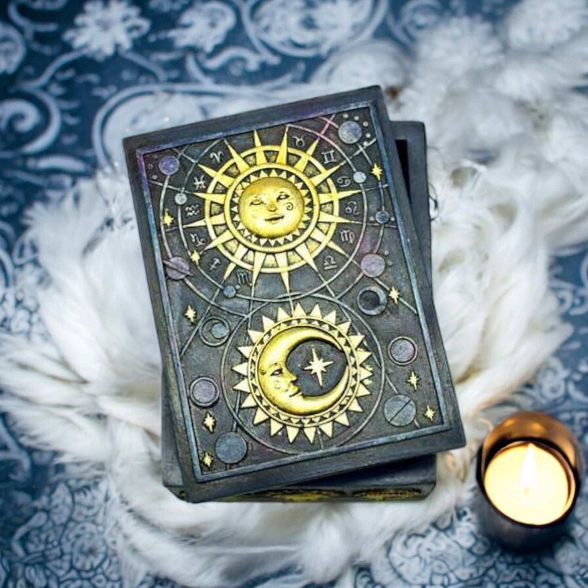 Sun &amp; Moon Tarot Storage Box – Hand-Painted Resin Keepsake Box for Tarot Cards, Runes &amp; Jewelry