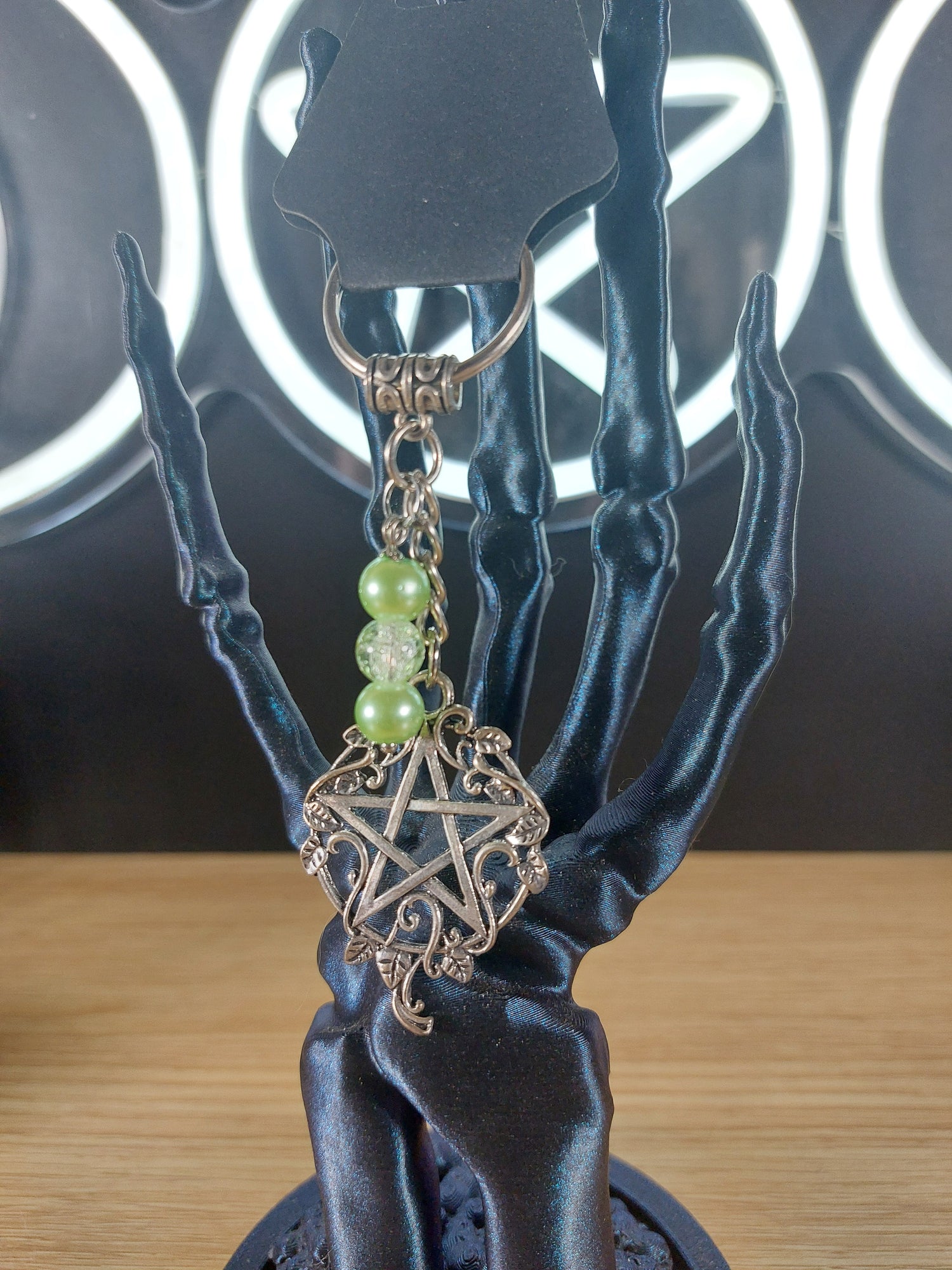 Large Pentagram with Green Glass Beads Keychain