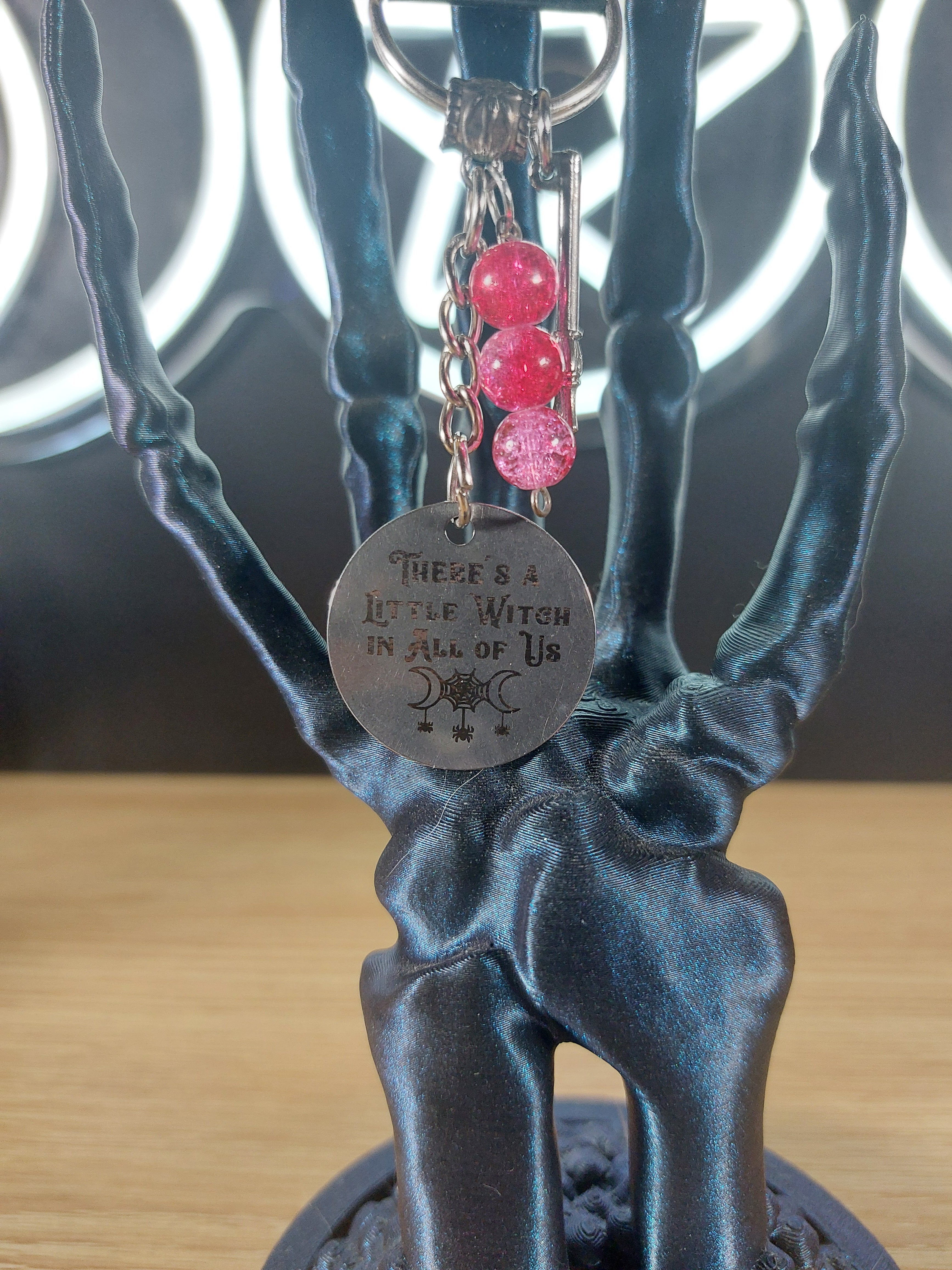 Silver Tone THERES A LITTLE WITCH IN ALL OF US Medal with Glass Beads and Charm Keychain