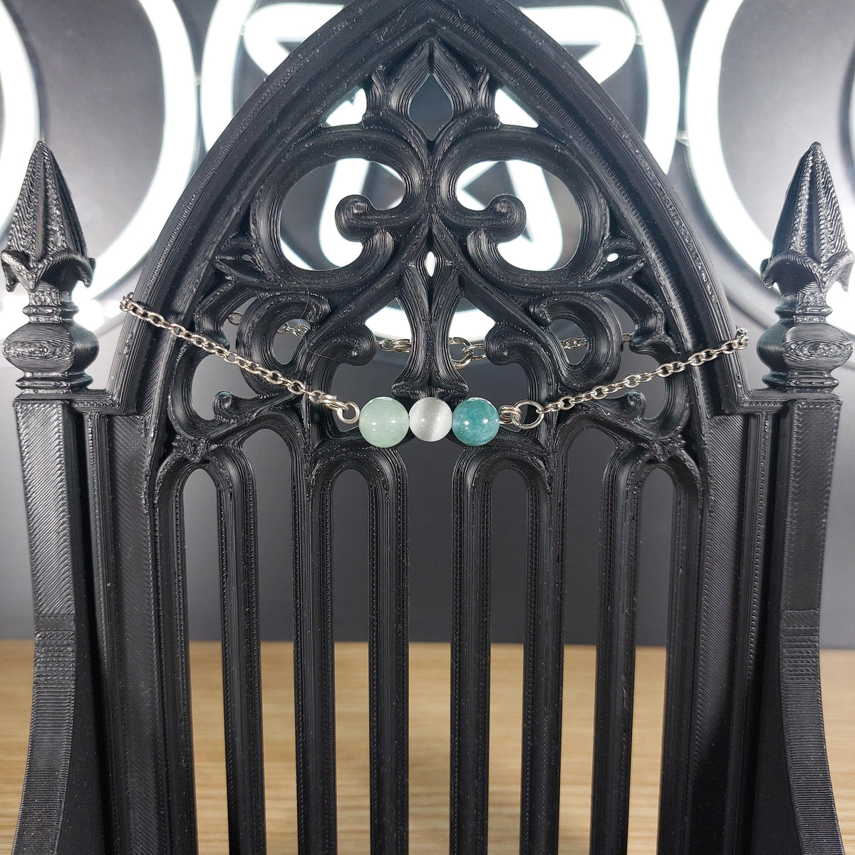 Silver tone Virgo power stone bracelet with selenite, green aventurine, and moss agate beads.