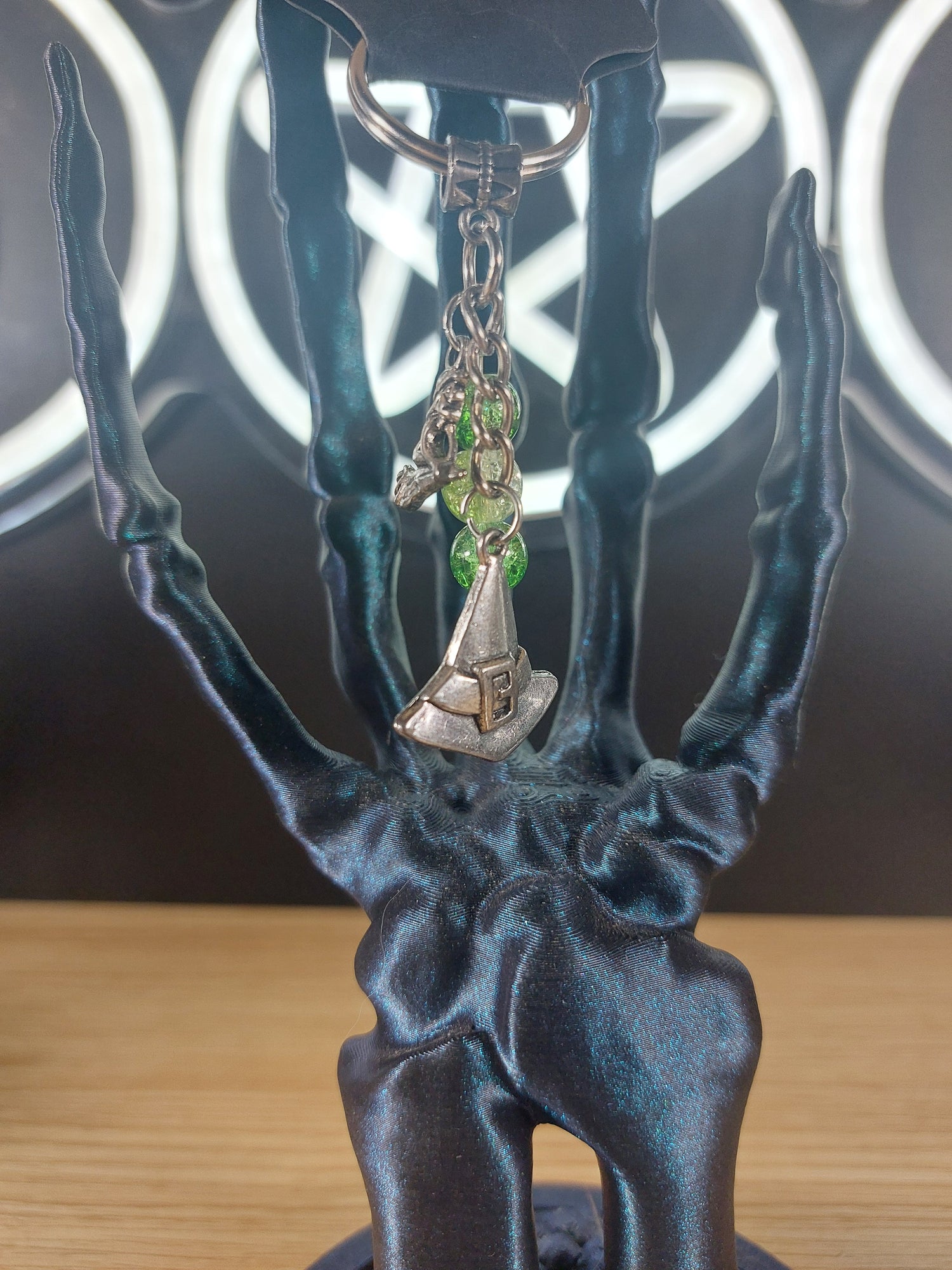 Witches Hat with a Little Witch Charm and Green Glass Crackle Beads Keychain