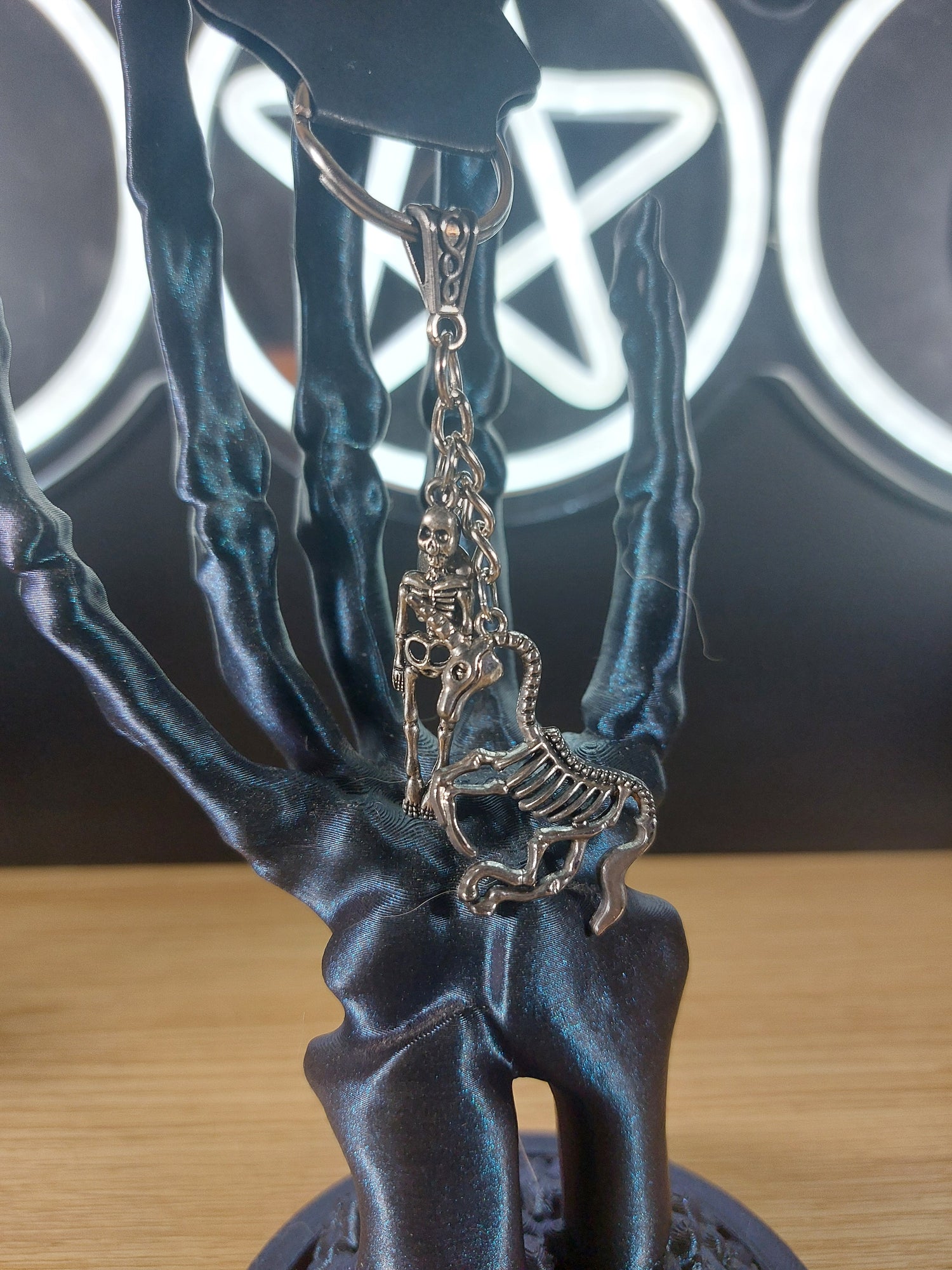 Silver Tone Unicorn Skeleton and Human Skeleton Charm Keyring