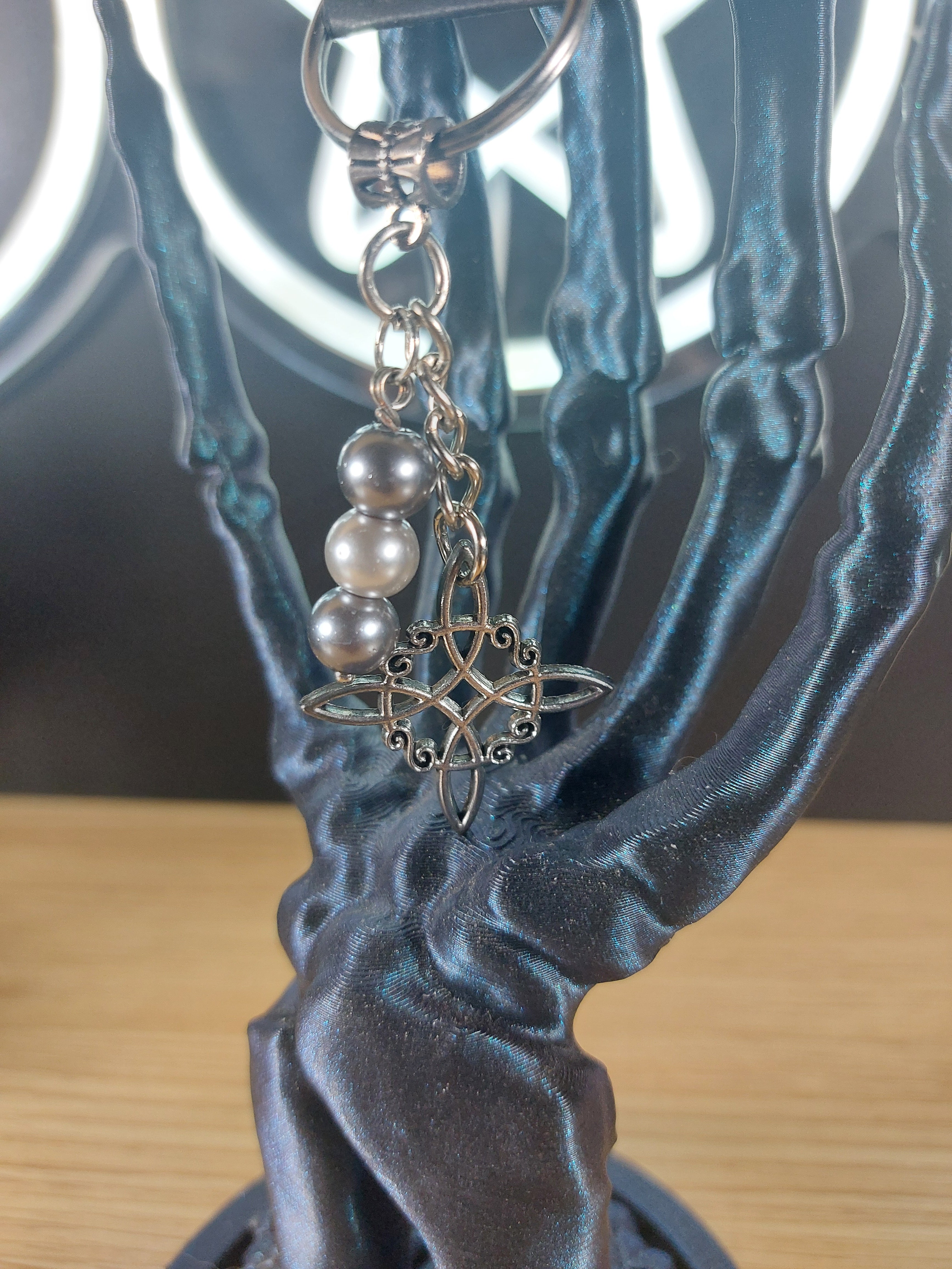 Silver Tone Witches Knot with Grey Pearl Glass Beads Keychain