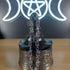 Amethyst crystal beaded bracelet with stainless steel findings, bead caps, and a pentagram charm.