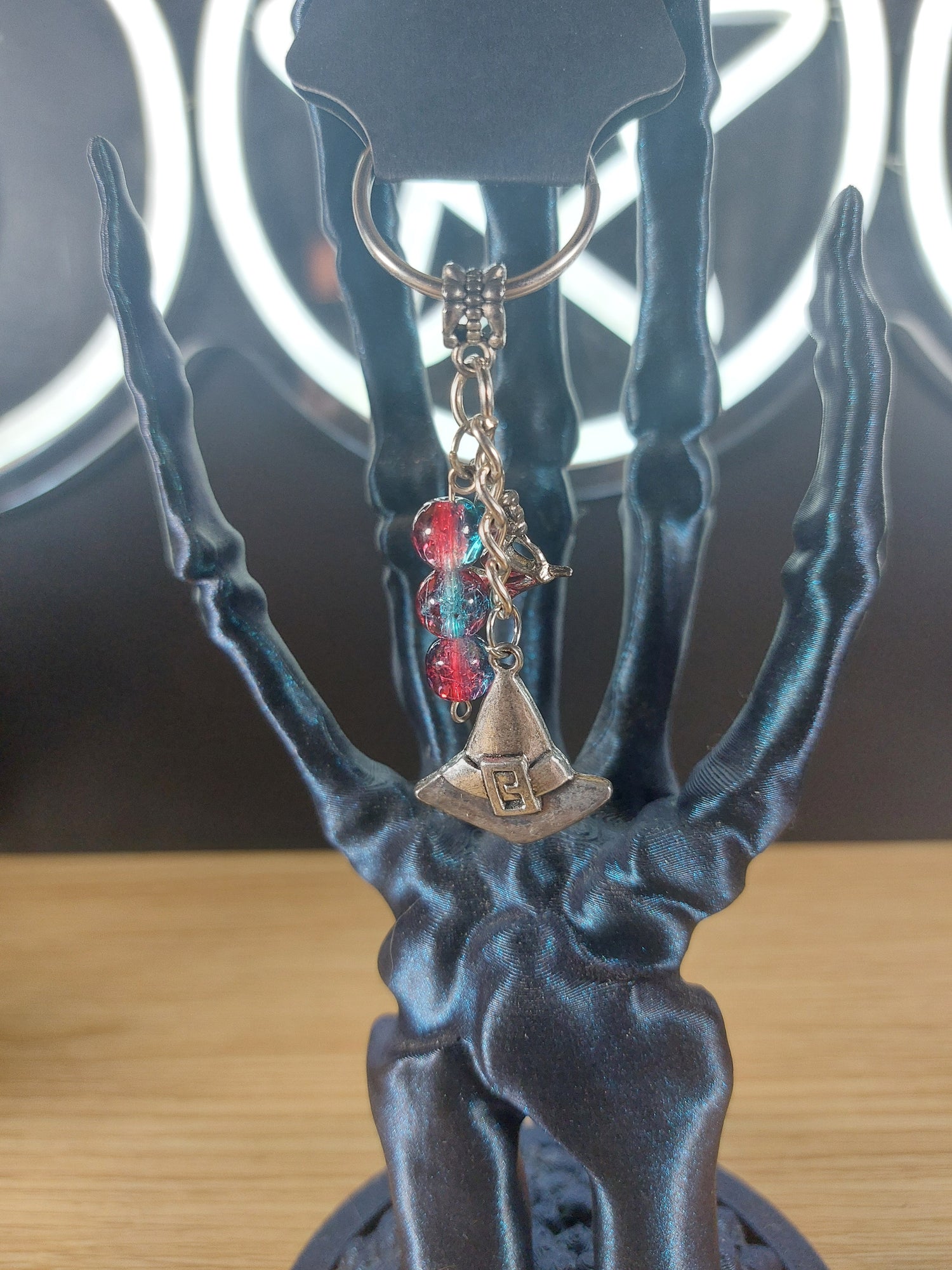 Silver Tone Witches Hat with Witch Charm and Blue Red Glass Crackle  Beads Keychain